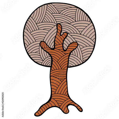 Vector hand drawn illustration, decorative ornamental stylized tree. Abstract graphic illustration isolated on the white background. Artistic drawing silhouette. Decorative  ornamental wood