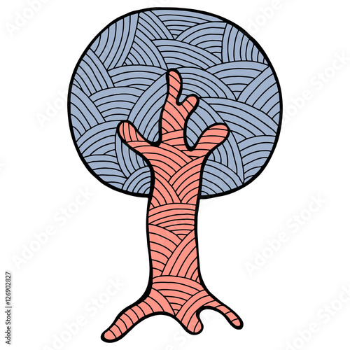 Vector hand drawn illustration, decorative ornamental stylized tree. Abstract graphic illustration isolated on the white background. Artistic drawing silhouette. Decorative  ornamental wood
