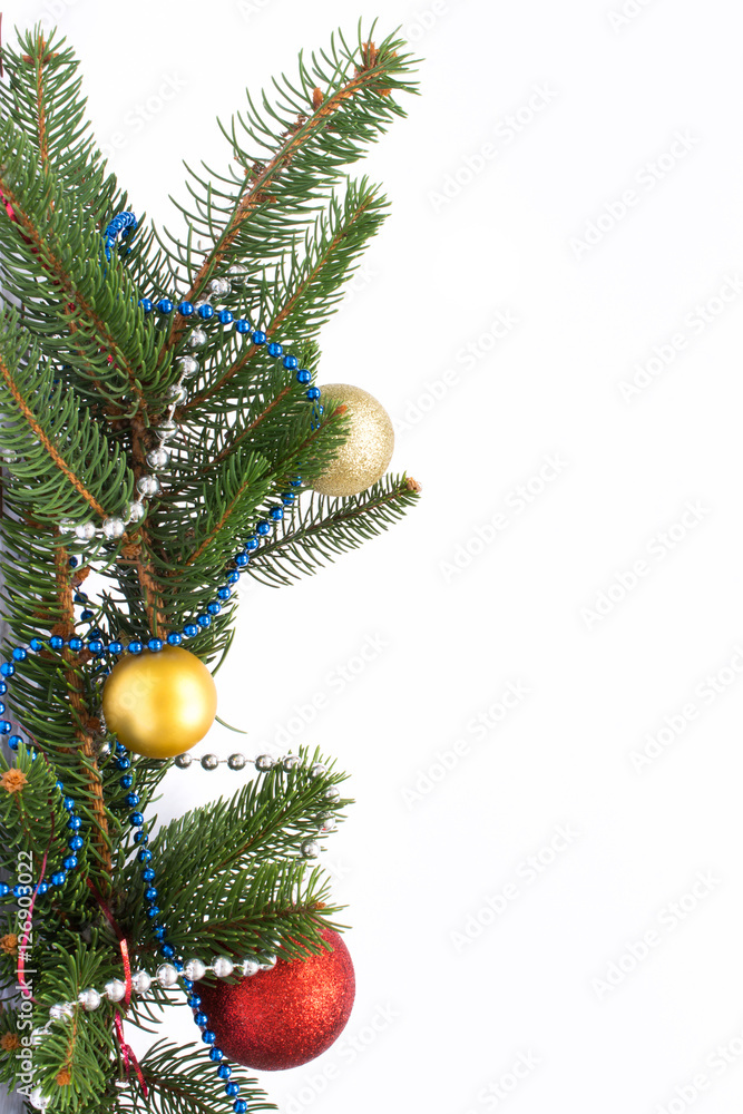 Christmas greeting card. Isolated balls and ornament on white ba