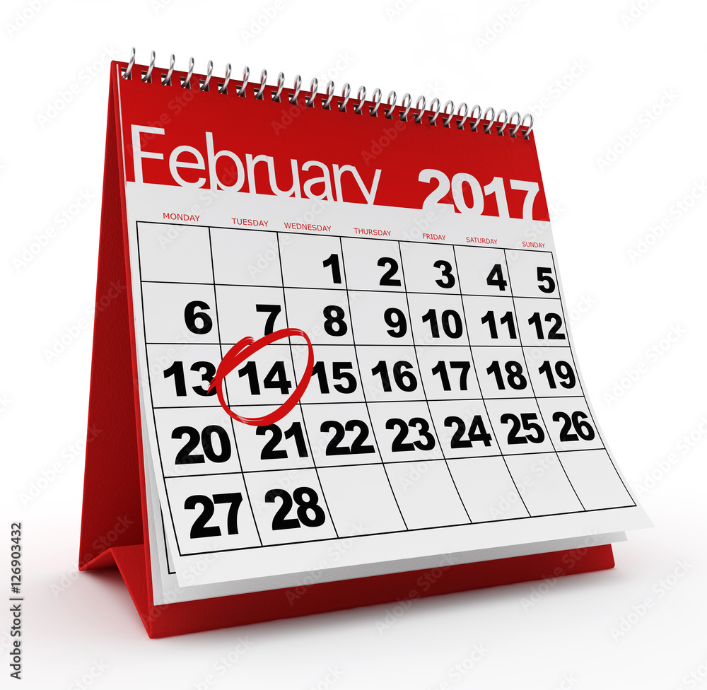 February 14th circled on monthly desk calendar