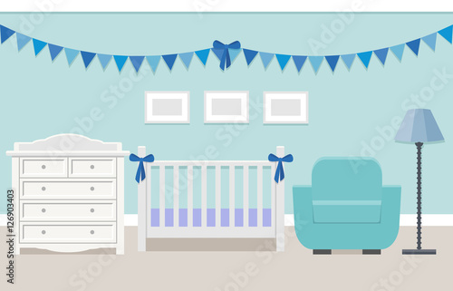 Baby room interior with white cot and changing table for boy in flat style. Modern blue nursery design. Vector illustration.