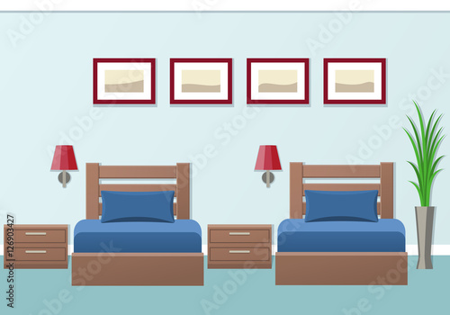 Hotel room interior with two beds in flat style. Modern bedroom design. Vector illustration.