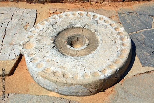Ancient offering table at the Minoan Malia ruins archaeological site, Malia, Crete.