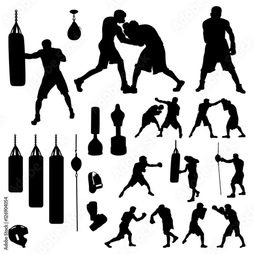 Boxer Boxing Fighter and Equipment Accessories Silhouette Set