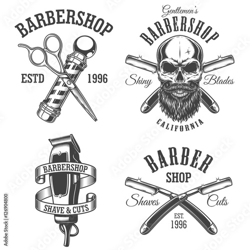 Set of vintage barbershop emblems, labels, badges, logos. Layered. Text is on separate layer. Isolated on white
