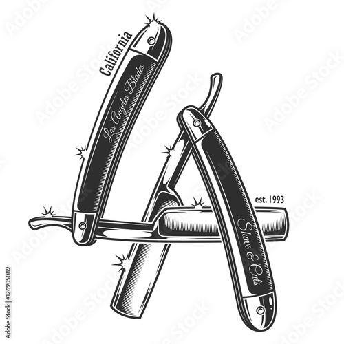 T-shirt print of straight razors in letters LA - Los Angeles barbershop sign with hotspots and text.