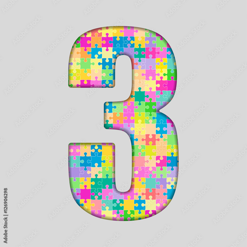 Color Puzzle Number - 3 Three. Gigsaw, Piece. Color Puzzle Number - 3 Three. Gigsaw, Piece.