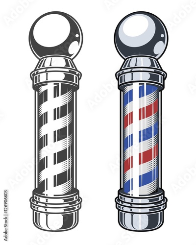 Classic Barber shop Pole isolated on a white background. Monochrome and color