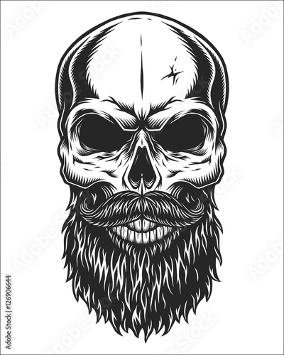 Monochrome illustration of hipster skull with mustache and beard. Isolated on white background