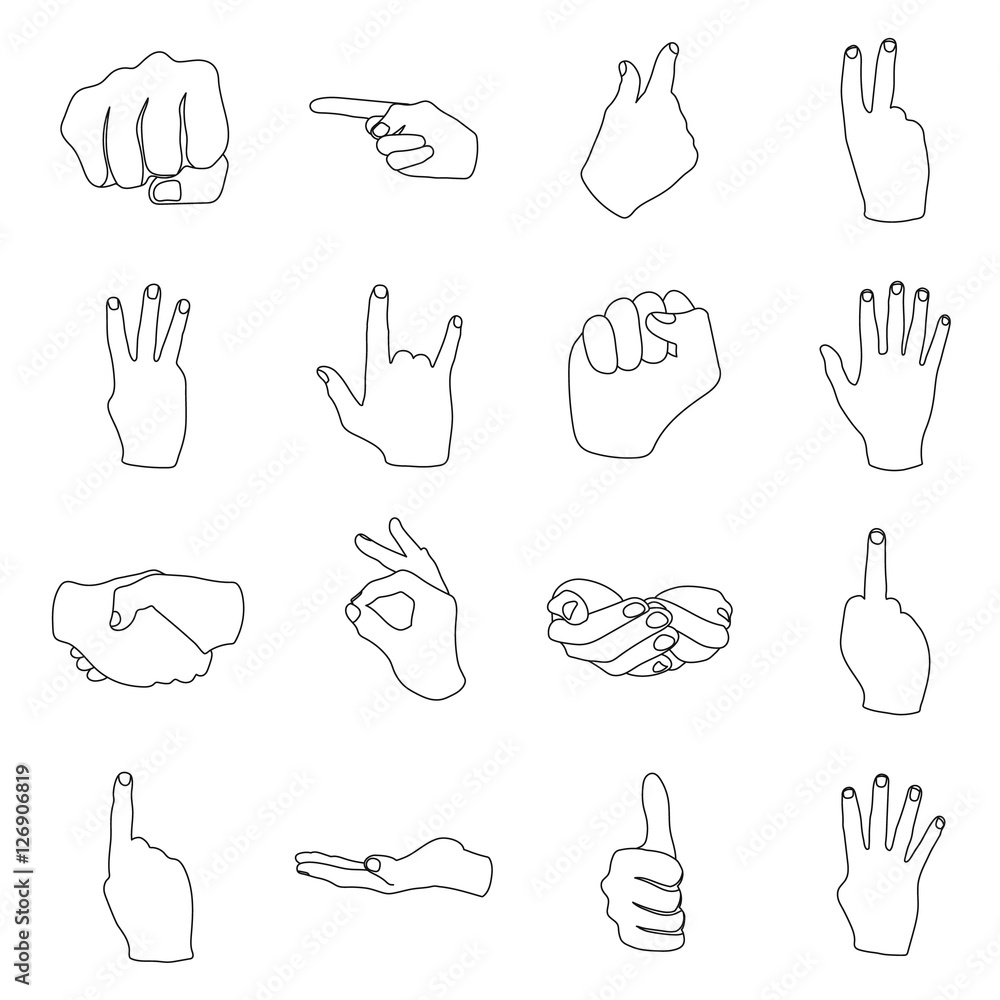 Hand gestures set icons in outline style. Big collection of hand ...