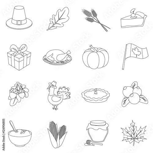 Canadian Thanksgiving Day set icons in outline style. Big collection of canadian Thanksgiving Day vector symbol stock illustration
