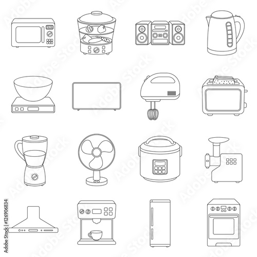 Household appliances set icons in outline style. Big collection of household appliances vector symbol stock illustration