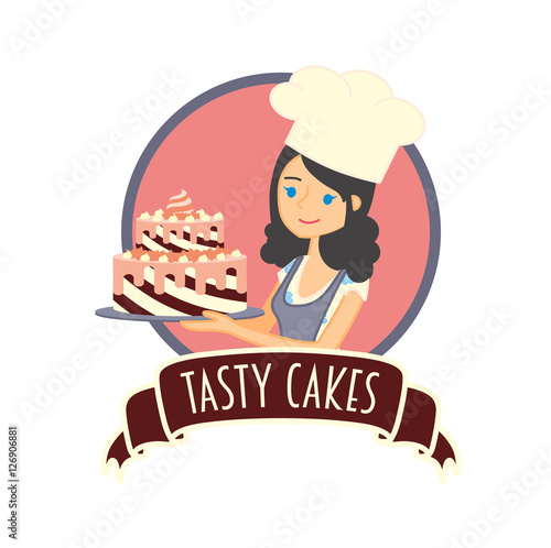 Cute girl or young woman baker holding a delicious chocolate cake. Vector character illustration. Ribbon with an inscription tasty cake