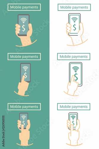 Mobile payment, hand holding phone. Set of flat and linear symbol or icon design