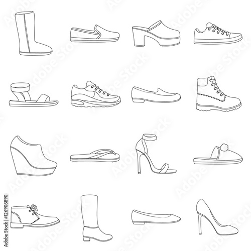 Shoes set icons in outline style. Big collection of shoes vector symbol stock illustration