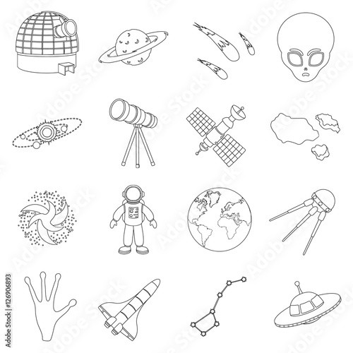 Space set icons in outline style. Big collection of space vector symbol stock illustration