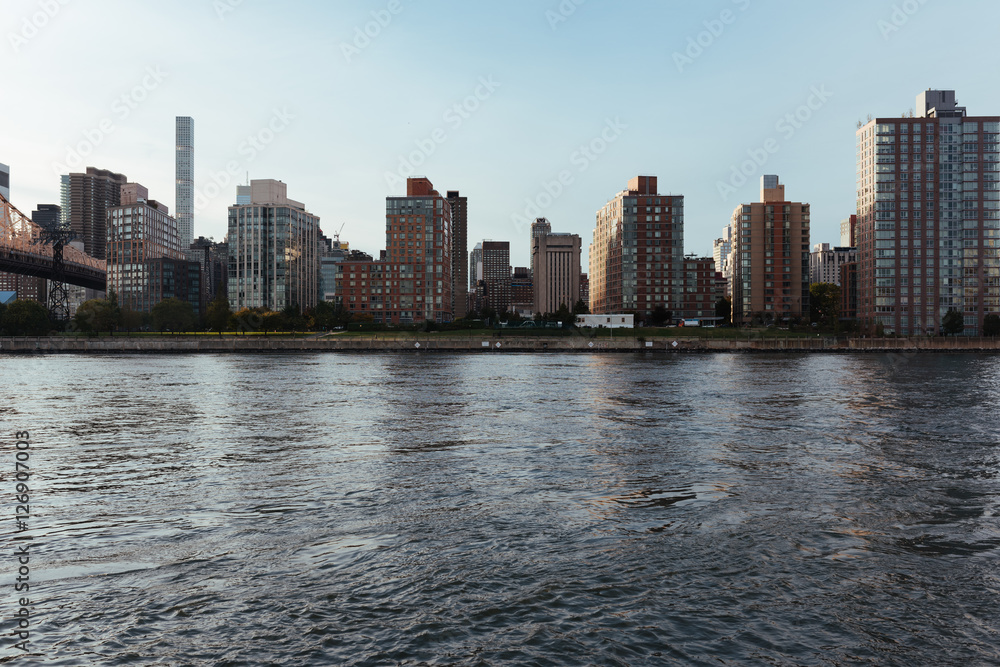 View on tall buildings at waterfront on Roosevelt Island