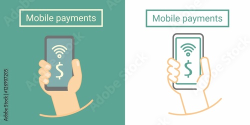 Mobile payment, hand holding phone. Flat and linear symbol or icon design