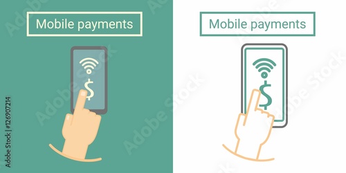 Mobile payment, hand push on phone screen. Flat and linear symbol or icon design