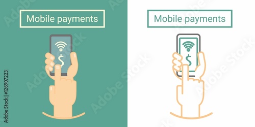 Mobile payment, hand holding phone and push on screen. Flat and linear symbol or icon design