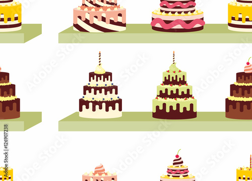 Seamless pattern with tasty cakes with cream for birthdays  weddings  anniversaries and other celebrations. Vector illustration of a flat design isolated on white background