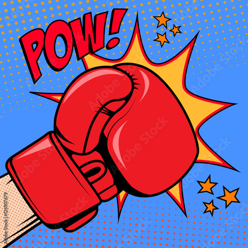 Human hand in pop art style with boxing glove. Pow. Design element for poster, flyer. Vector illustration.