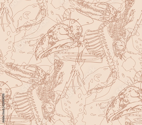 Seamless paleontology pattern with chaotic fossil bones in beige colors as ornament on cave walls photo