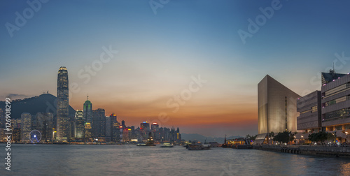 Photography Victoria Harbor of Hong Kong city at dusk