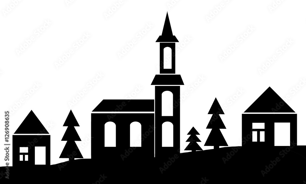 Graphic silhouette of village and church in black and white for design.