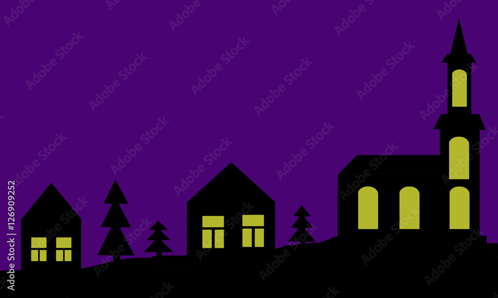 Silhouette of night village and church for design.