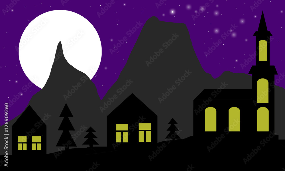 Silhouette of night village with moon and mountains.