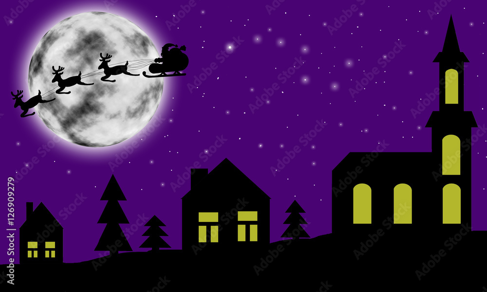 Silhouette of night Christmas village with Santa's sleigh in front of huge moon.