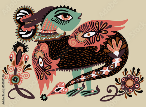 ethnic fantastic animal doodle design in karakoko style, unusual