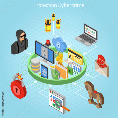 Cyber crime protection isometric concept