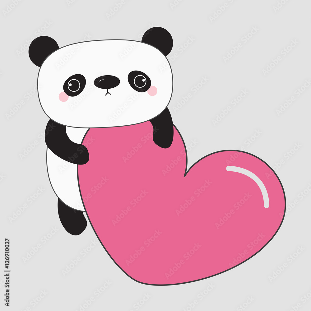 Kawaii panda baby bear. Cute cartoon character holding big pink heart. Wild  animal collection for kids. Gray background. Love card. Flat design. vector  de Stock | Adobe Stock