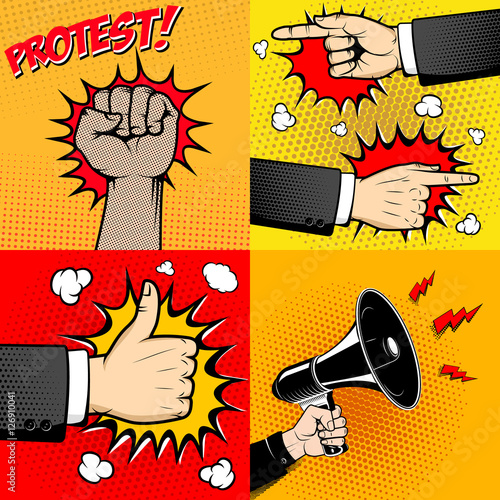 Set of Human hands in pop art style. Like sign. Hand with megaphone.  Human fist. Design elements for poster, flyer. Vector illustration.