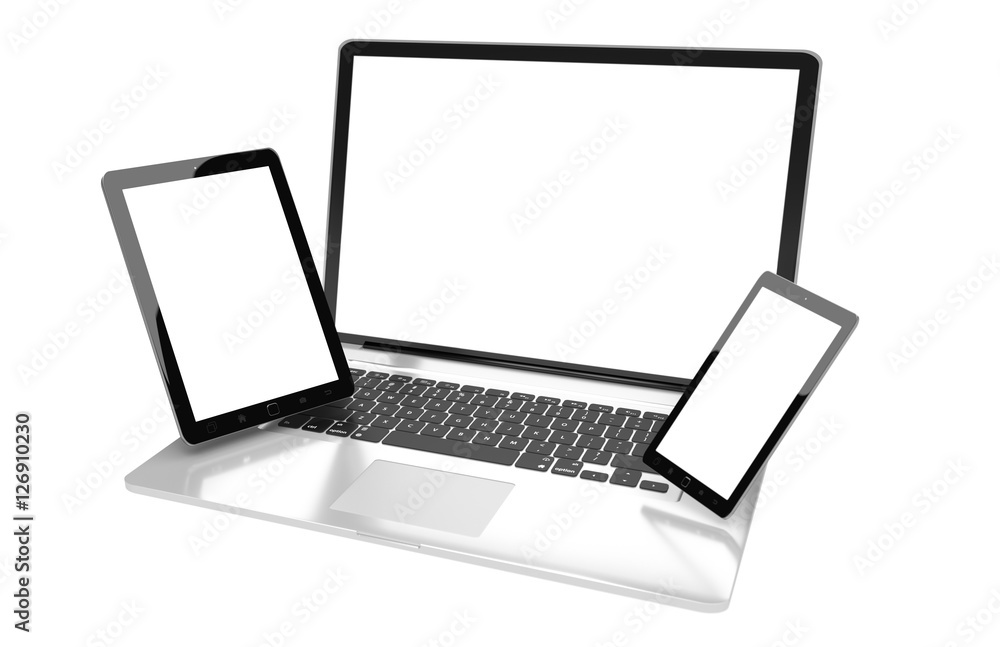 Laptop mobile phone and tablet connected to each other 3D render