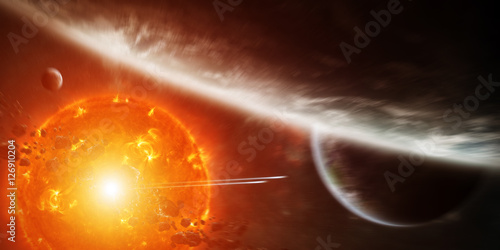 Fototapeta Naklejka Na Ścianę i Meble -  Exploding sun in space close to planet