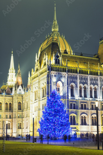 Photography Christmas Tree In Front Off Parliament Building, At Kossuth Squa