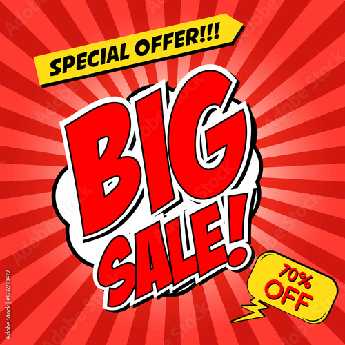 Big Sale!!! Comic style phrase on sunburst background. Design element for flyer, poster. Vector illustration.