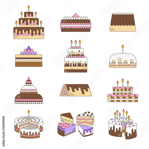 Cake with candle vector icons line set isolated. Sweet dessert illustration. Happy birthday wedding party celebration food collection. Bakery, cafe, restaurant design elements. Chocolate cream slice.