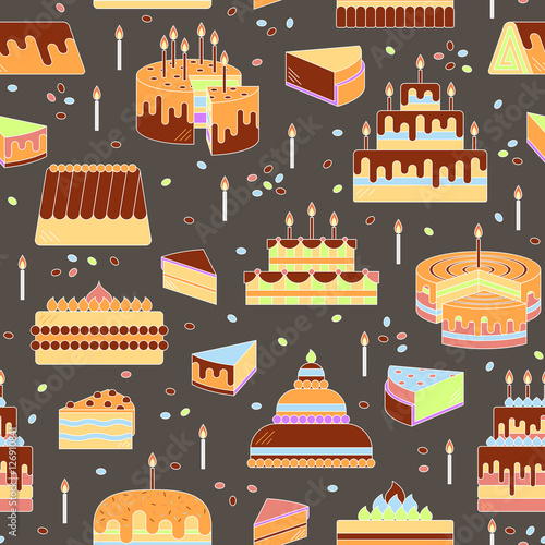 Cake with candle vector icon line seamless pattern. Sweet dessert illustration. Happy birthday wedding party celebration food silhouette. Bakery cafe restaurant design element. Chocolate cream slice