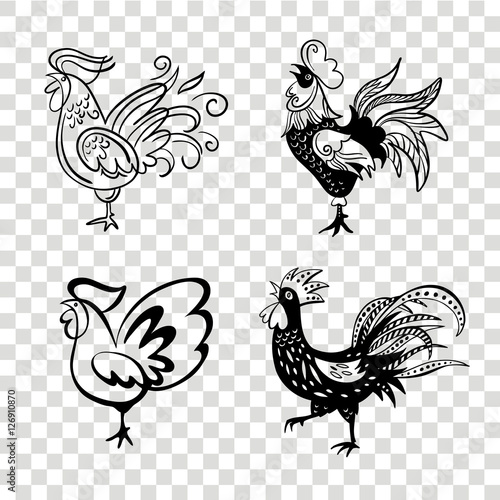 Roosters in different poses. Vector silhouettes roosters. 