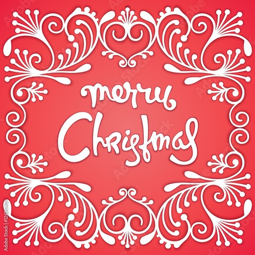 Festive Christmas card. Richly decorated, 3D pattern and calligraphic inscription. Trendy vector illustration