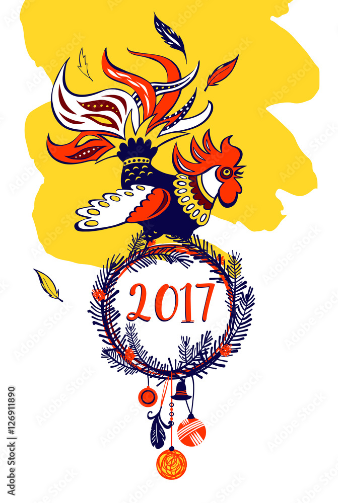 Illustration for happy new year 2017 with silhouette cock and christmas decoration. Design vector image with symbol red rooster.