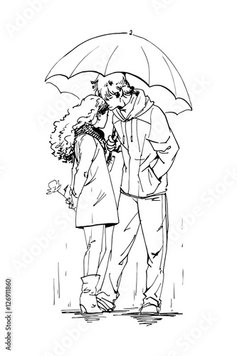 Couple on a date, in a rainy day standing under umbrella. Ink graphic sketch of people, hand drawn, vector illustration.