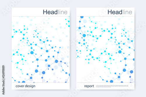 Scientific brochure design template. Vector flyer layout, Molecular structure with connected lines and dots. Scientific pattern atom DNA with elements for magazine, leaflet, cover, poster design.