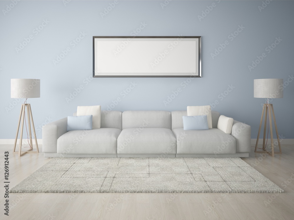 Mock up poster frame modern living room with a blue background. Mock up poster frame modern living room with a blue background.
