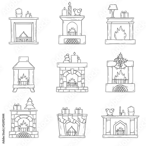 Vector cartoon hand drawn fireplaces icon set