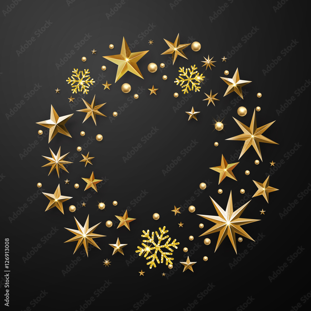 Christmas wreath decoration gold glitter stars, snowflakes Christmas wreath decoration gold glitter stars, snowflakes